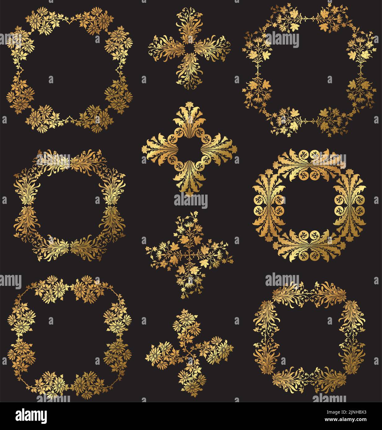 A set of vintage gold vector floral decorative borders and frames. Stock Vector