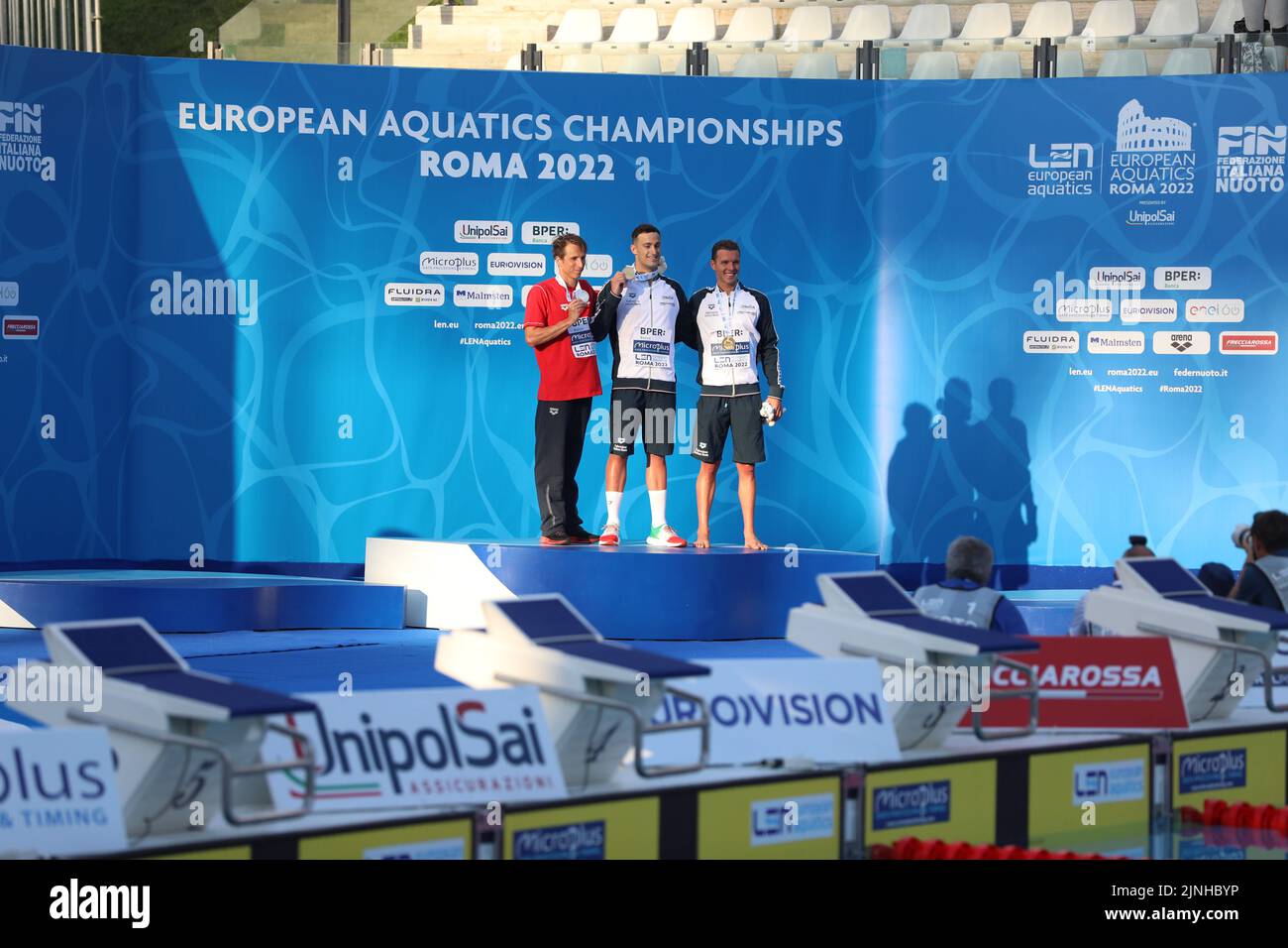 Rome, Italy. 11th Aug, 2022. At Foro Italico of Rome, first day of European Aquatic Championship In this picture: podium of 400 meters medley man. From left to right David Verraszto, Alberto Razzetti and Pier Andrea Matteazzi (Photo by Paolo Pizzi/Pacific Press) Credit: Pacific Press Media Production Corp./Alamy Live News Stock Photo
