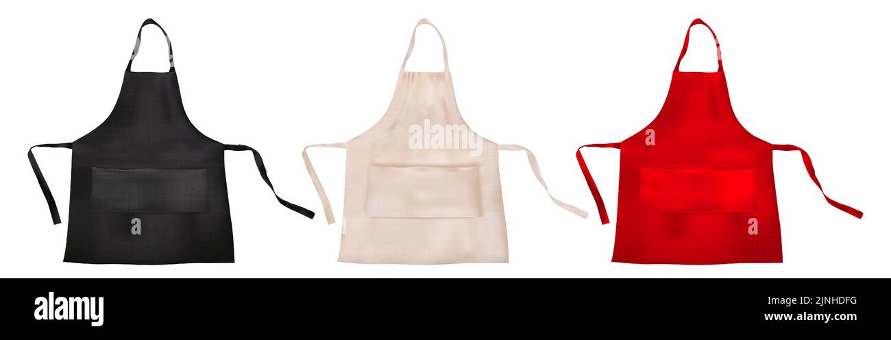 Set of realistic blank apron mockups with fabric texture isolated from ...