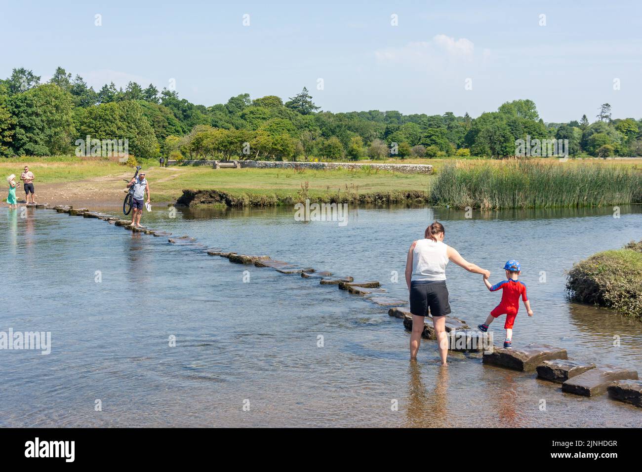 The Stepping Stones over River Ewenny, Ogmore Castle, Ogmore, Vale of Glamorgan (Bro Morgannwg), Wales (Cymru), United Kingdom Stock Photo