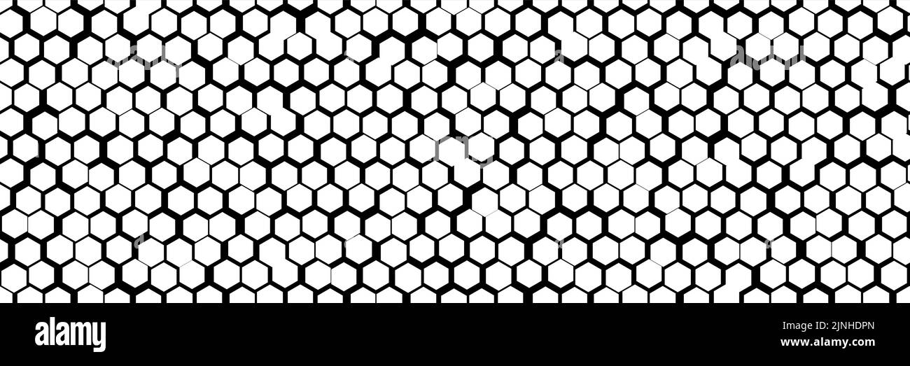 Uneven black and white honey comb simple seamless pattern. Irregular hive cell texture. Abstract vector background with hexagon geometry. Wallpaper in Stock Vector
