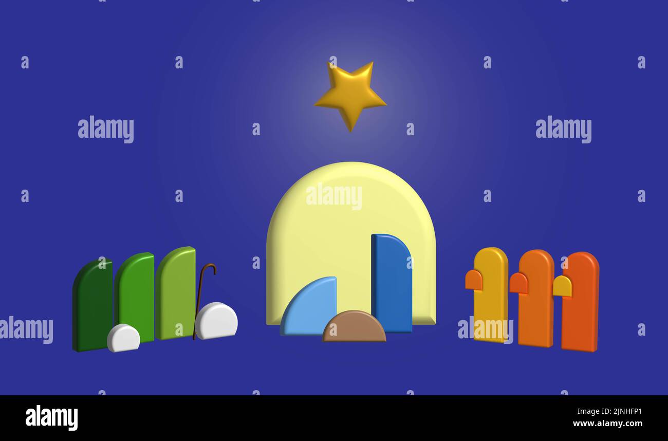minimalist nativity scene 3D illustration simple shapes represent the
