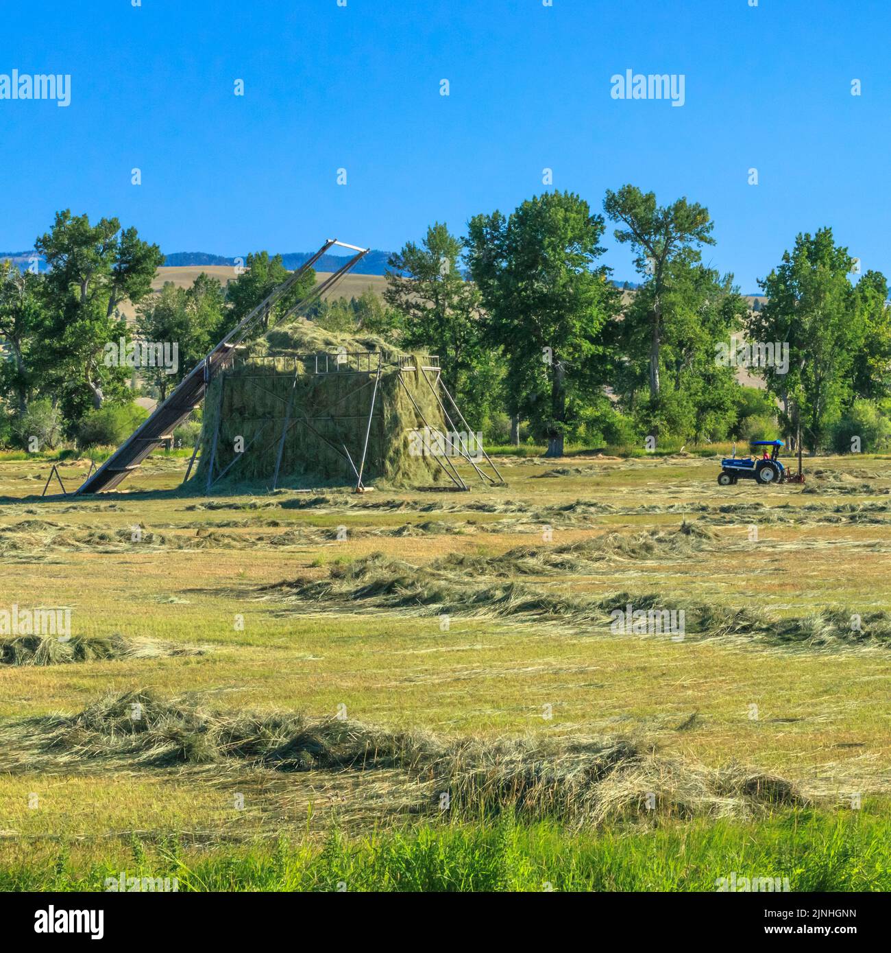 beaverslide haystack and tractor in the avon valley near avon, montana Stock Photo
