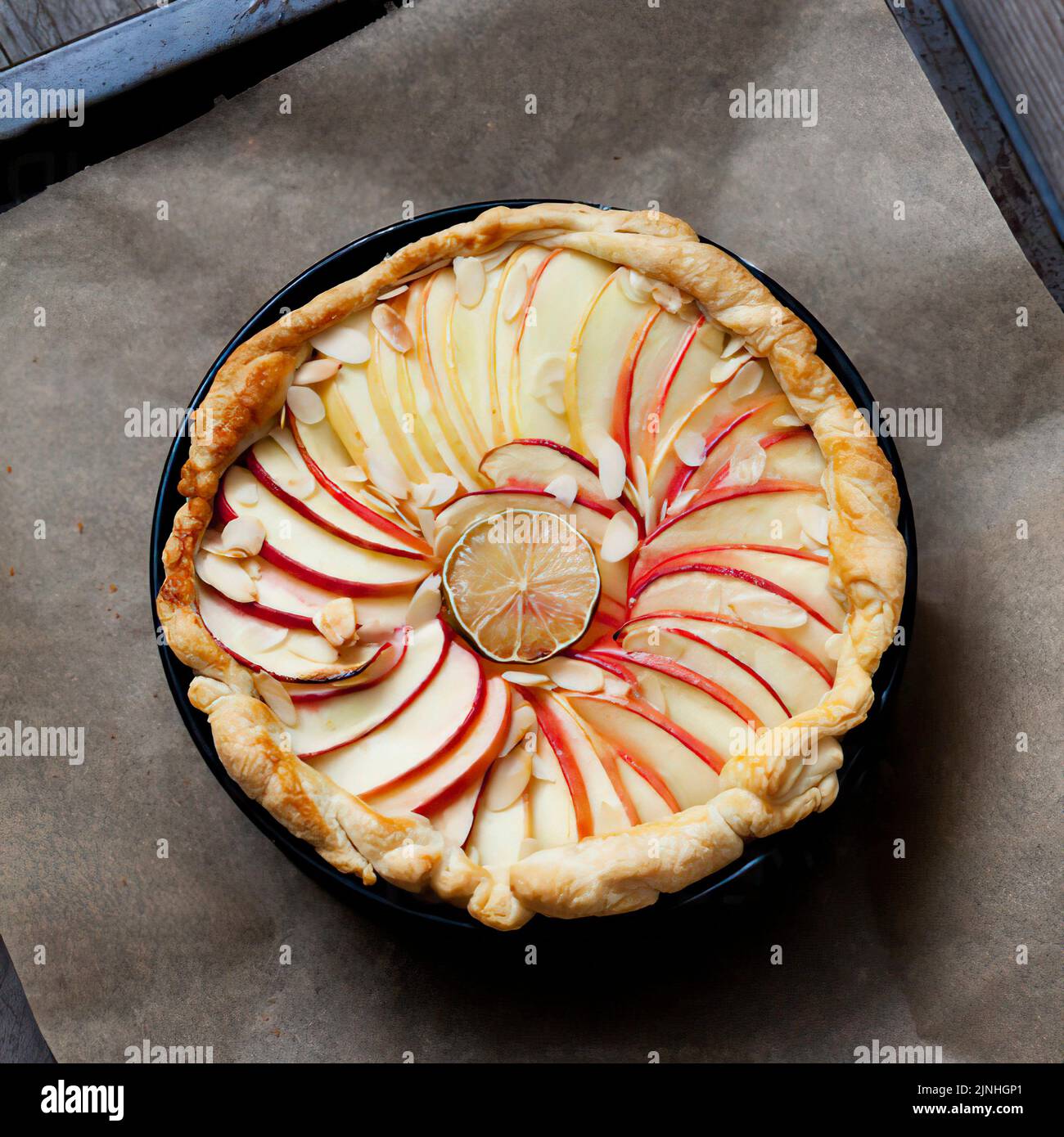 Baked apple pie in cake pan on baking tray Stock Photo Alamy