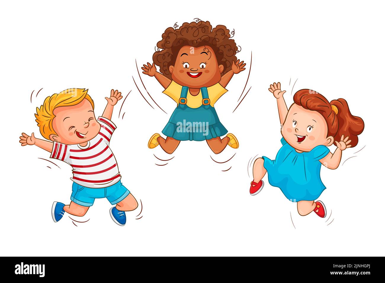 Children jump, a boy and a girl joyfully wave their hands bouncing up. Vector flat illustration in cartoon style isolated on white background Stock Vector