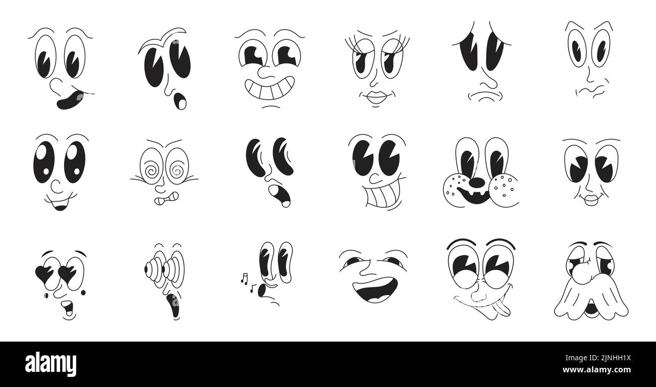 Mascot characters set vector in retro 30s cartoon style. Cute, funny faces, as examples of 50s, 60s old animation style. Crazy mems of eyes and mouths Stock Vector