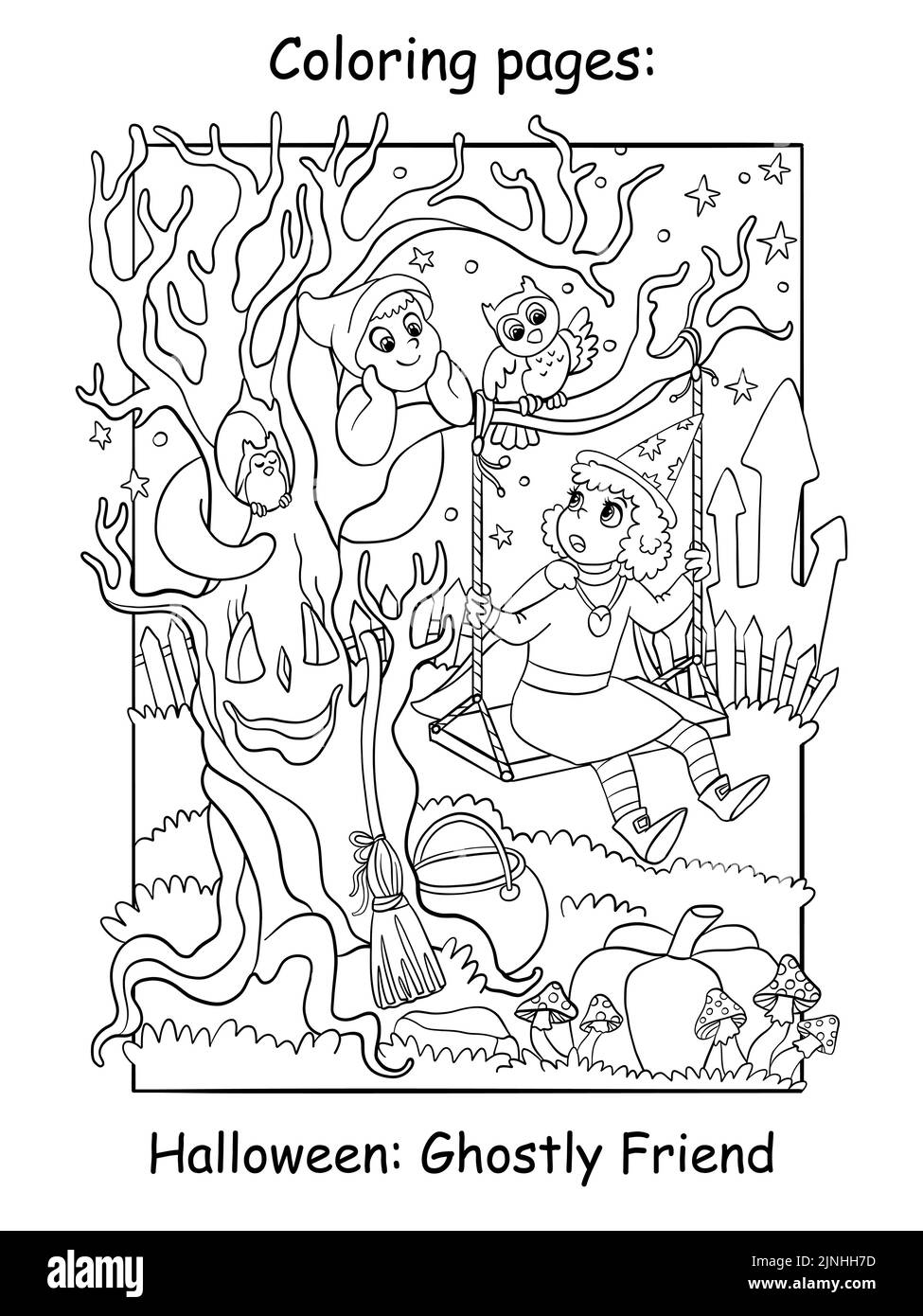 Little witch met with a cute ghost. Halloween concept. Coloring book page for children. Vector ...
