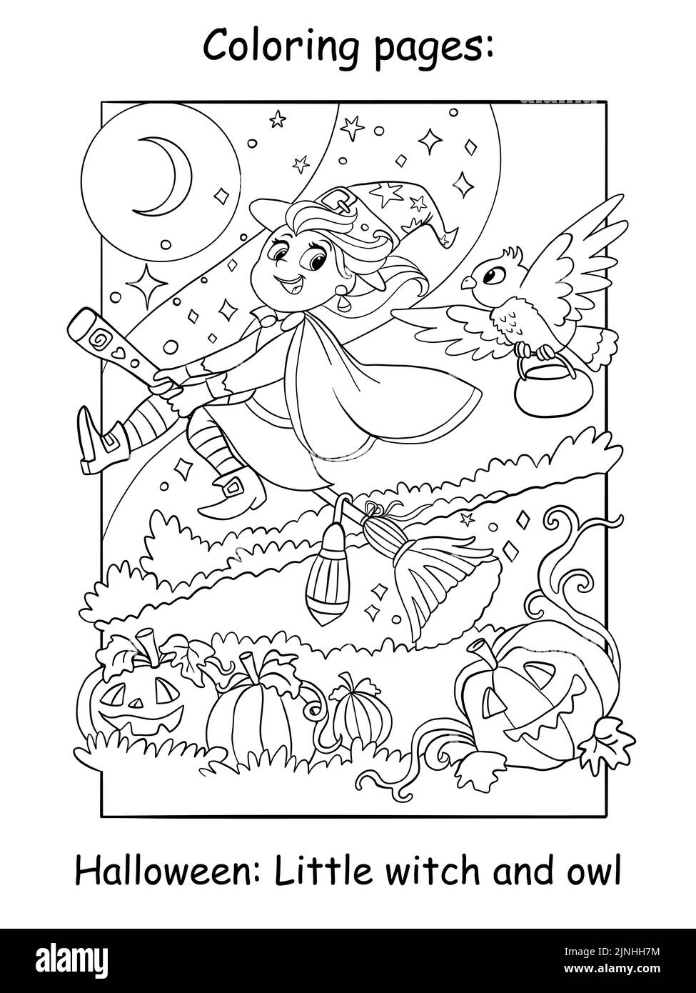 Cute little witch flying on a broomstick with an owl. Halloween concept. Coloring book page for children. Vector cartoon illustration. For print, deco Stock Vector