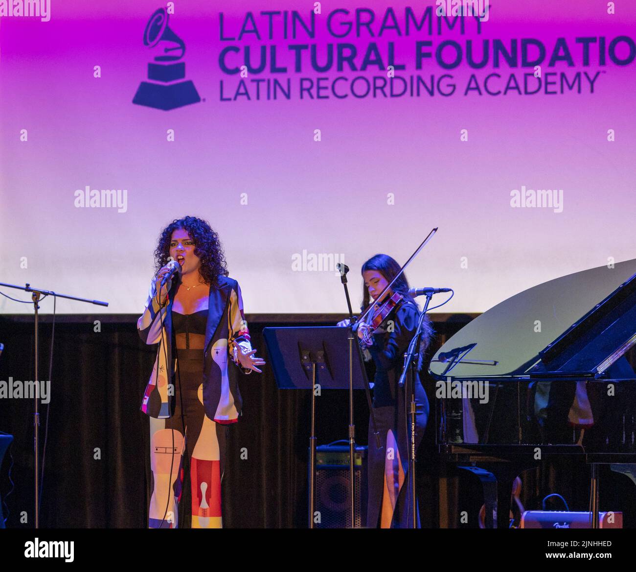 Miami, United States. 11th Aug, 2022. Valentina García performs on stage at the Miami Dade College - Wolfson Campus in Miami, Florida on Thursday, August 11, 2022. The Latin GRAMMY Cultural Foundation awards the Sofia Carson scholarship to 18 year old vocalist and student Valentina Garcia. Photo by Gary I Rothstein/UPI Credit: UPI/Alamy Live News Stock Photo