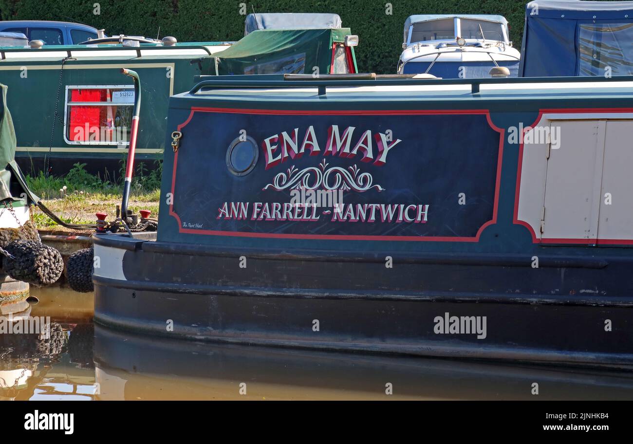 Ena May barge - Ann Farrell at Nantwich Marina, Basin End, Chester Road, Nantwich, Cheshire, England, CW5 8LB Stock Photo