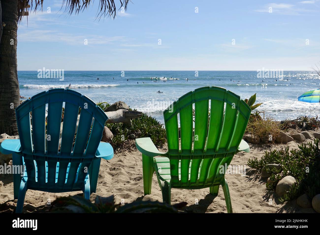 Adirondack chairs on the beach at San Onofre Stock Photo