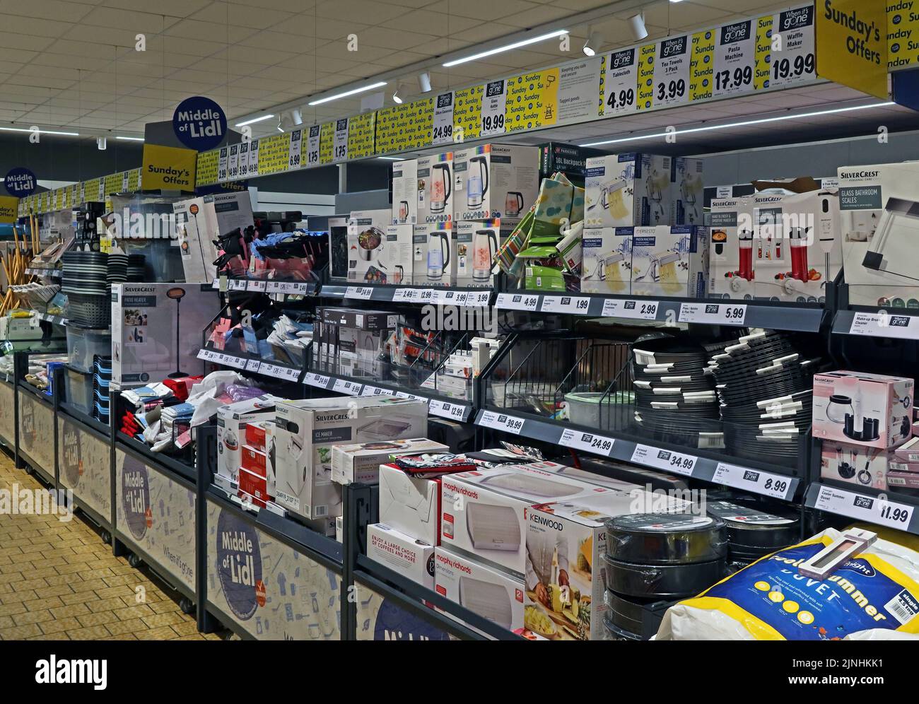 LIDL middle aisle of impulse goods, Latchford, Warrington, Cheshire, England, UK, WA4 Stock Photo