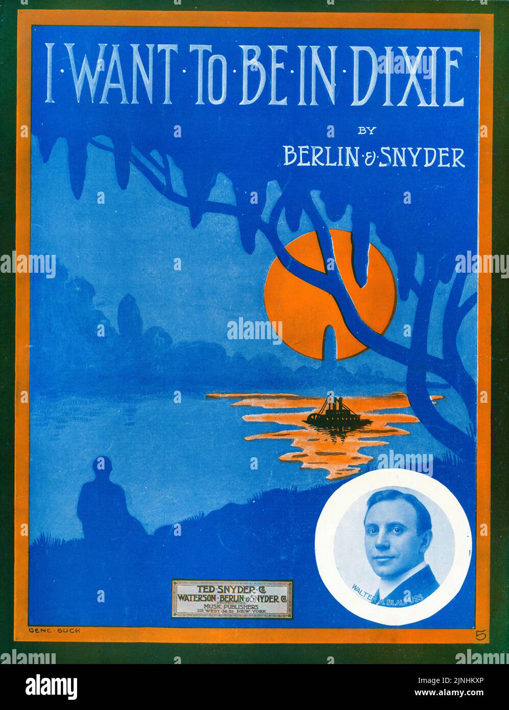 I want to be in Dixie (1912) by Irving Berlin and Ted Snyder, inset of Walter A. Blaufuss, Published by Waterson, Berlin and Snyder. Sheet music cover. Illustration by Gene Buck Stock Photo