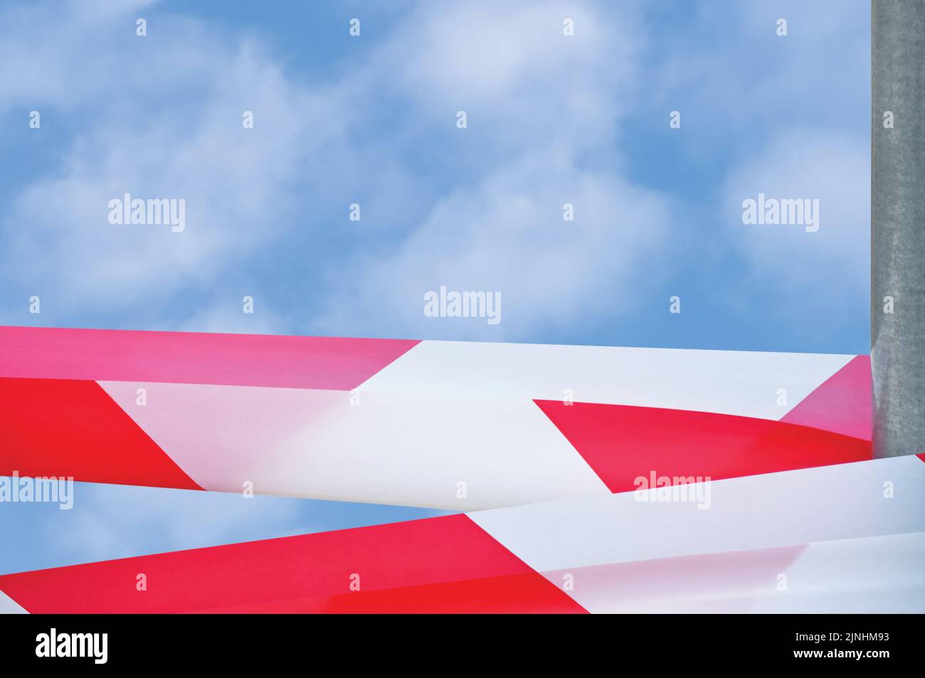 Large Red White Do Not Cross Ribbon Barricade Tape Copy Space, Detailed Horizontal Sunny Summer Sky Cloudscape Background, Bright Clouds, Grey Post Stock Photo