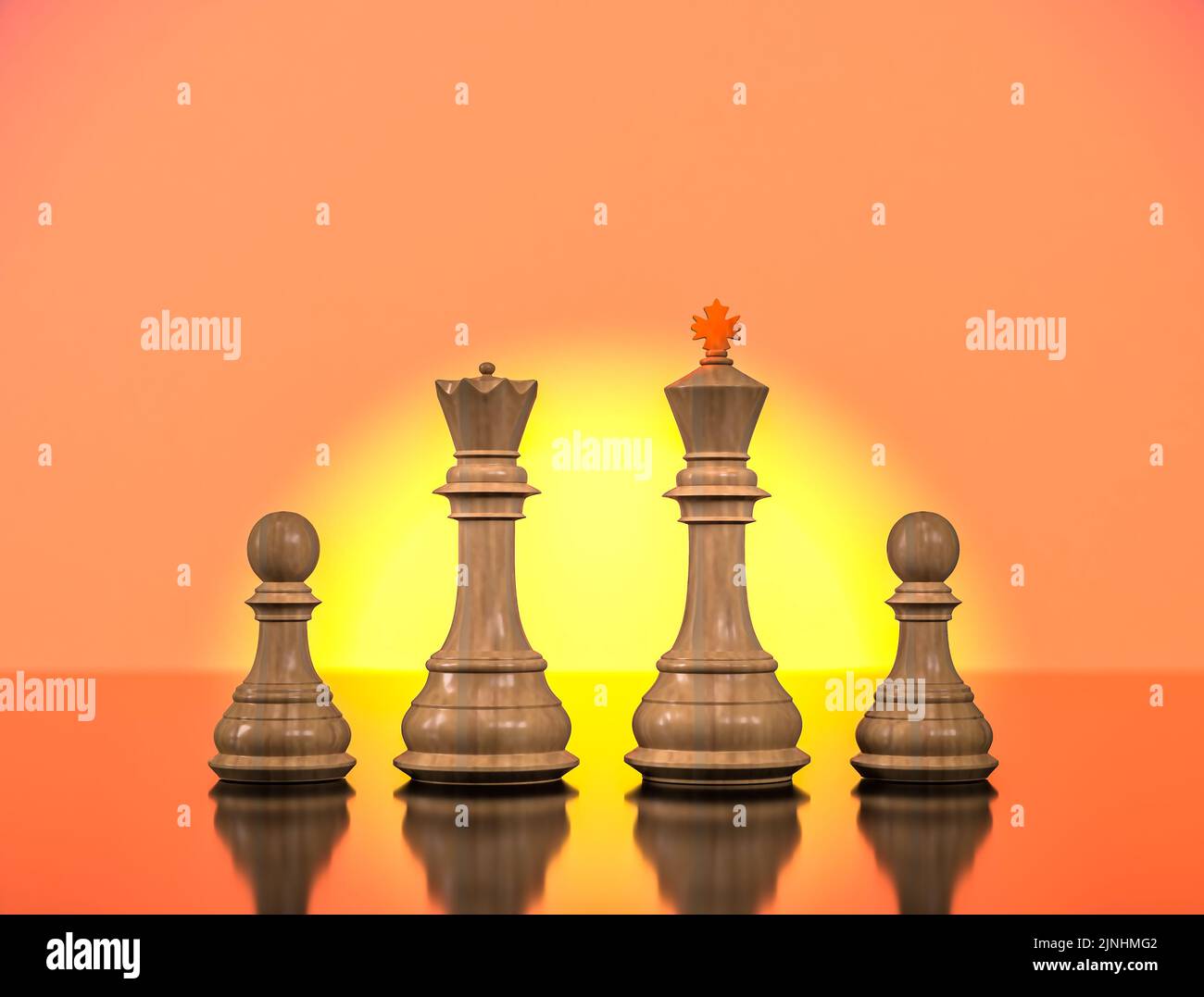 King, queen and chess pawns standing side by side looking at the sun, concept of love, affection and future. 3d illustrations Stock Photo