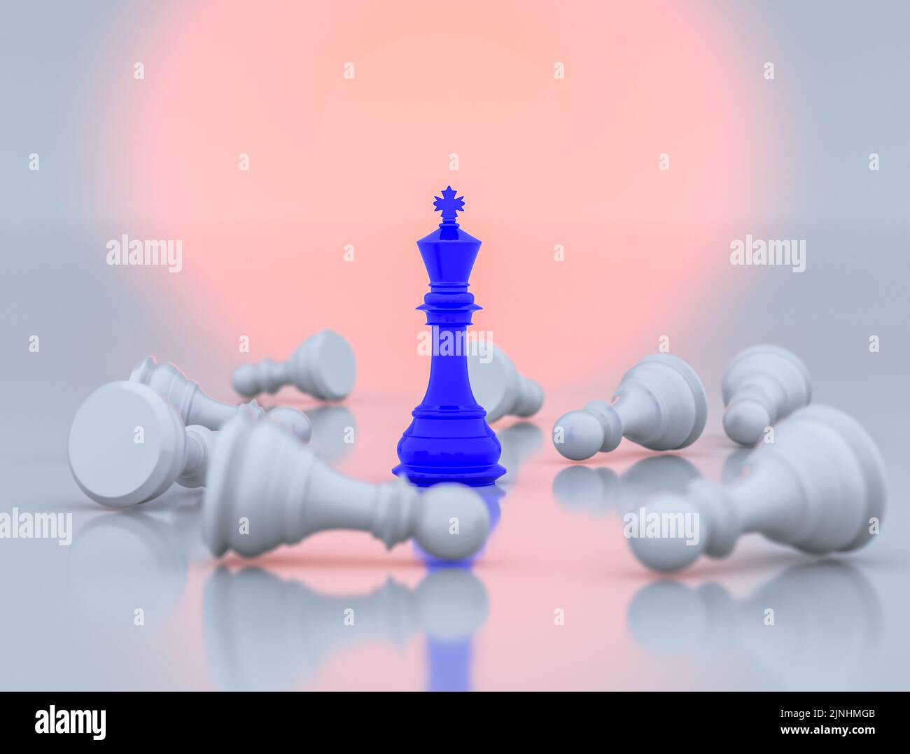 Blue chess king standing in the middle of scattered white chess pieces, concept of victory, competition and business. 3d illustrations Stock Photo