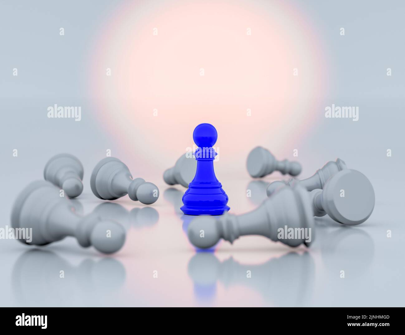 Blue chess pawn standing in the middle of scattered white chess pieces, concept of victory, competition and business. 3d illustrations Stock Photo