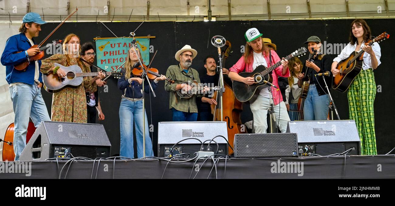 Bluegrass workshop, Molly Tuttle, Golden Highway, John Reischman, Bella White, Allison de Groot,  Vancouver Folk Music Festival, Vancouver, British Co Stock Photo