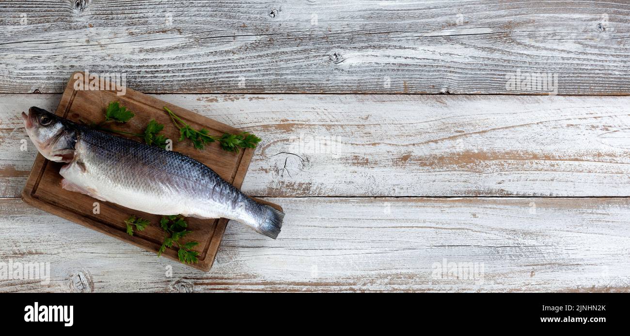 Freshly cleaned seafood seabass fish on white rustic wood table in flat lay format Stock Photo