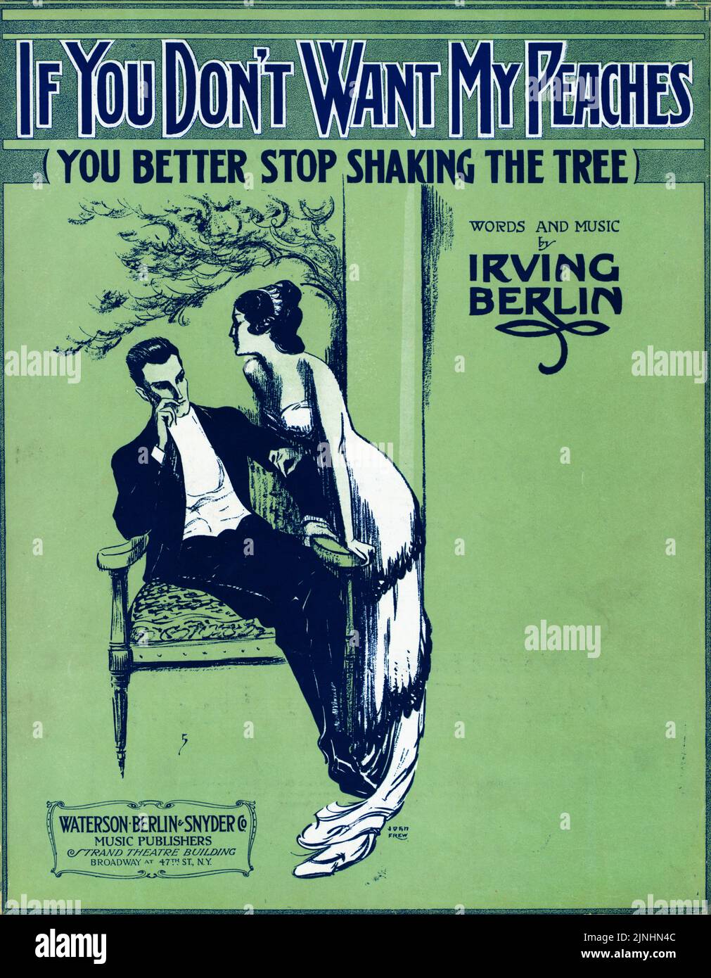 If you don’t want my peaches You better stop shaking the tree (1915) Words and Music by Irving Berlin, Published by Waterson, Berlin and Snyder Company. Sheet music cover. Stock Photo