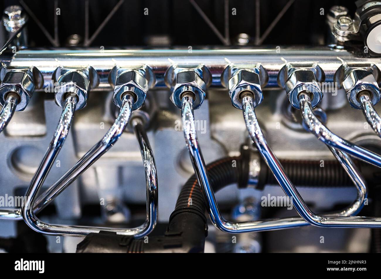 Thin pipes of high pressure pump of powerful diesel engine Stock Photo