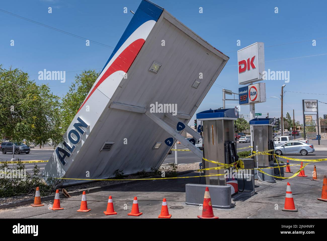 ALON Gas Station ( on Candelaria Rd.and Carlisle) after night of heavy winds : Albuquerque, New Mexico Stock Photo
