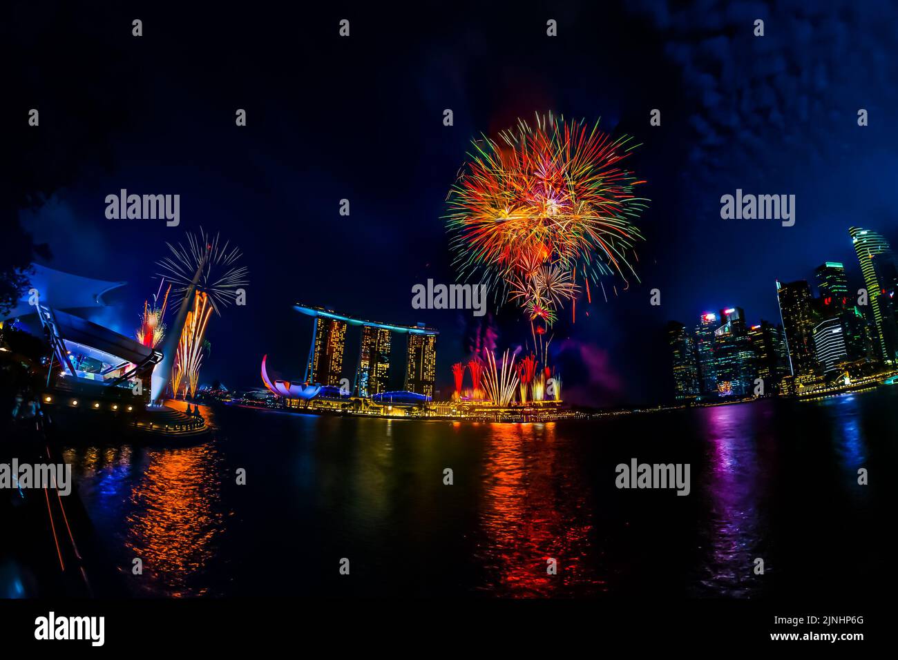 National Day Parade 2022 Rehearsal's fireworks at Marina Bay, Singapore. Stock Photo