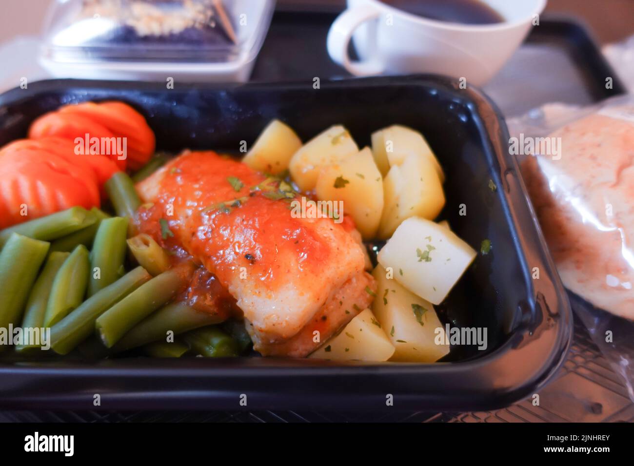 Close up of Tray of food on the plane. Stock Photo