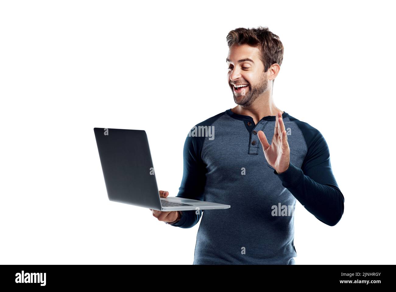 Man waving at computer hi-res stock photography and images - Alamy