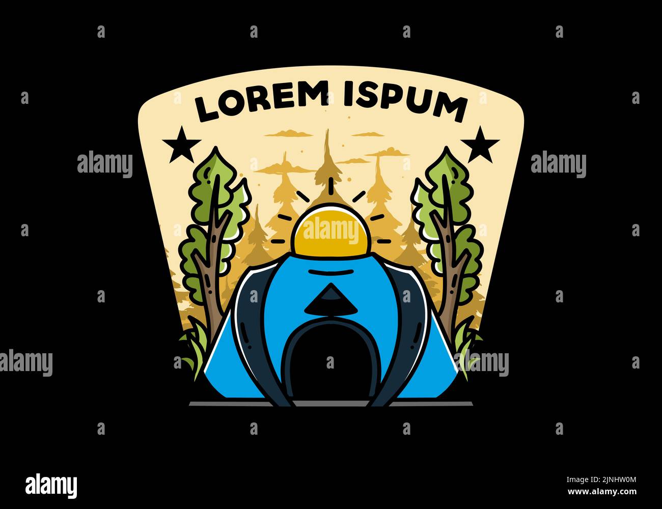 Big pop up tent for camping with two tree and big sun illustration