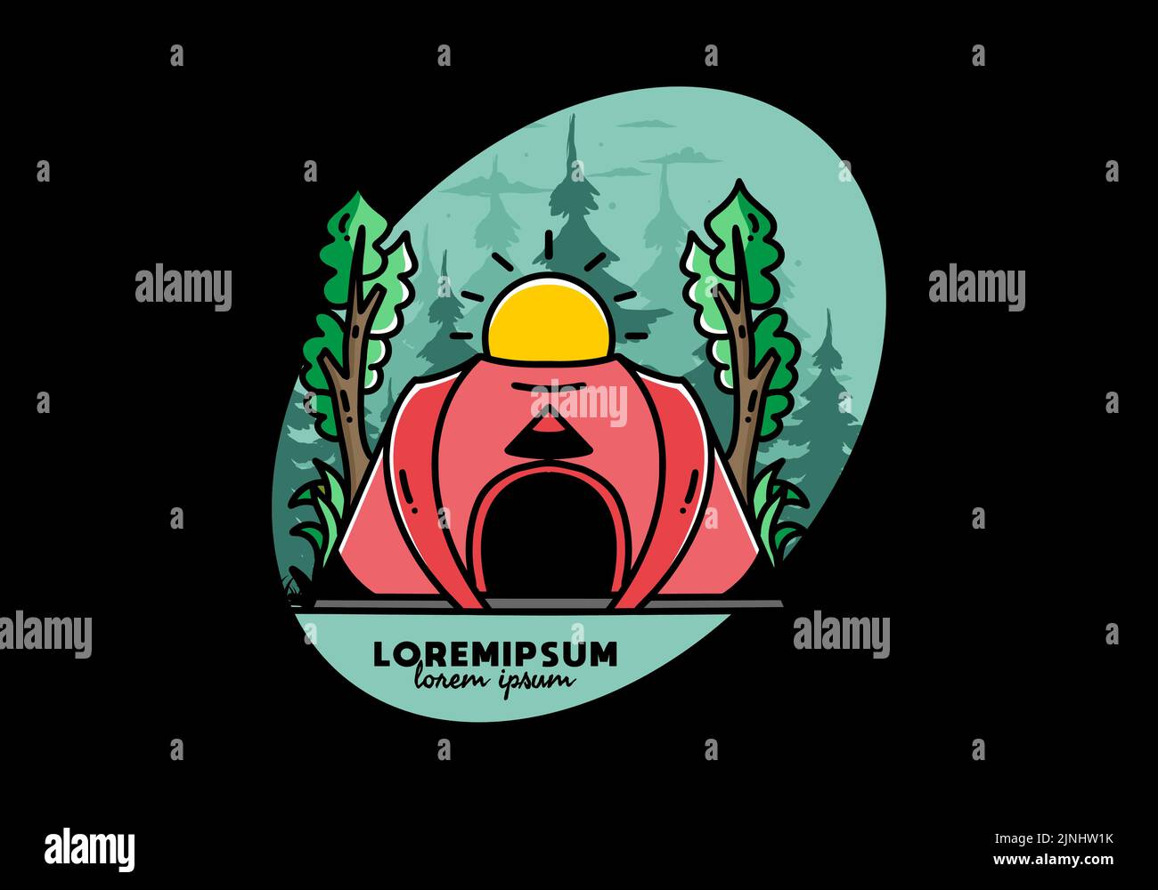 Big pop up tent for camping with two tree and big sun illustration