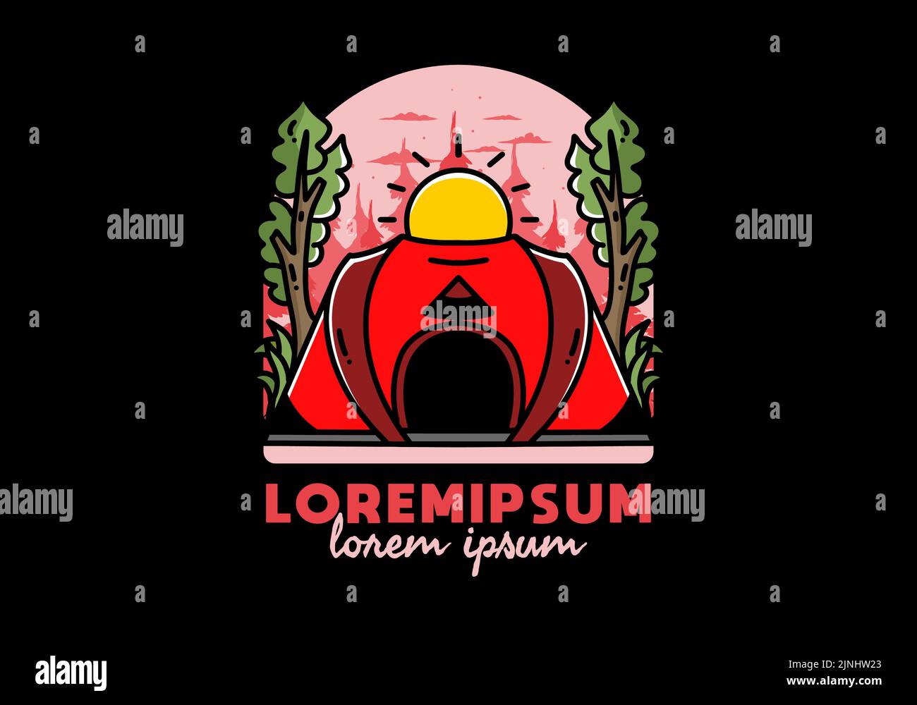 Big pop up tent for camping with two tree and big sun illustration