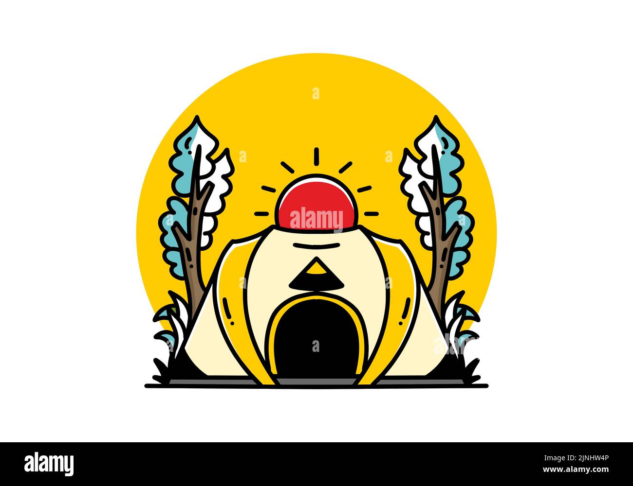 Big pop up tent for camping with two tree and big sun illustration