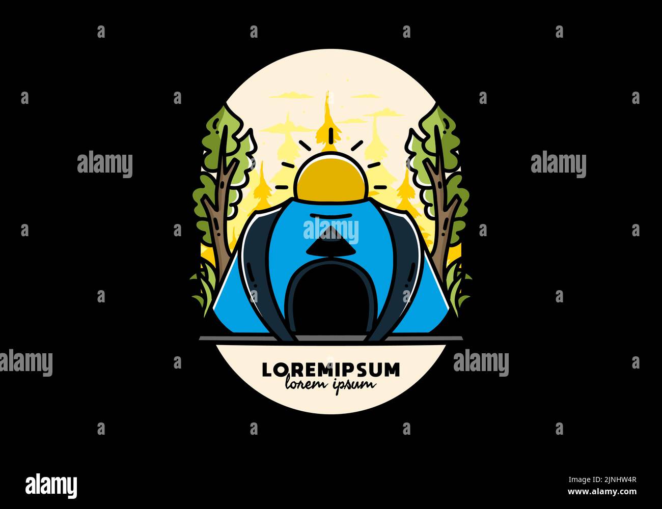 Big pop up tent for camping with two tree and big sun illustration