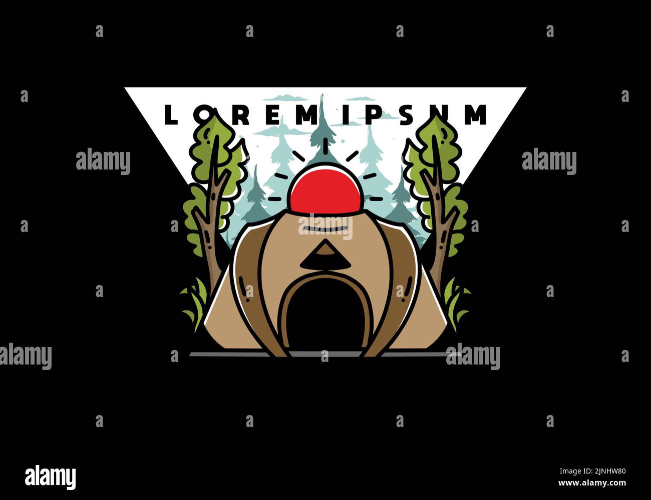 Big pop up tent for camping with two tree and big sun illustration