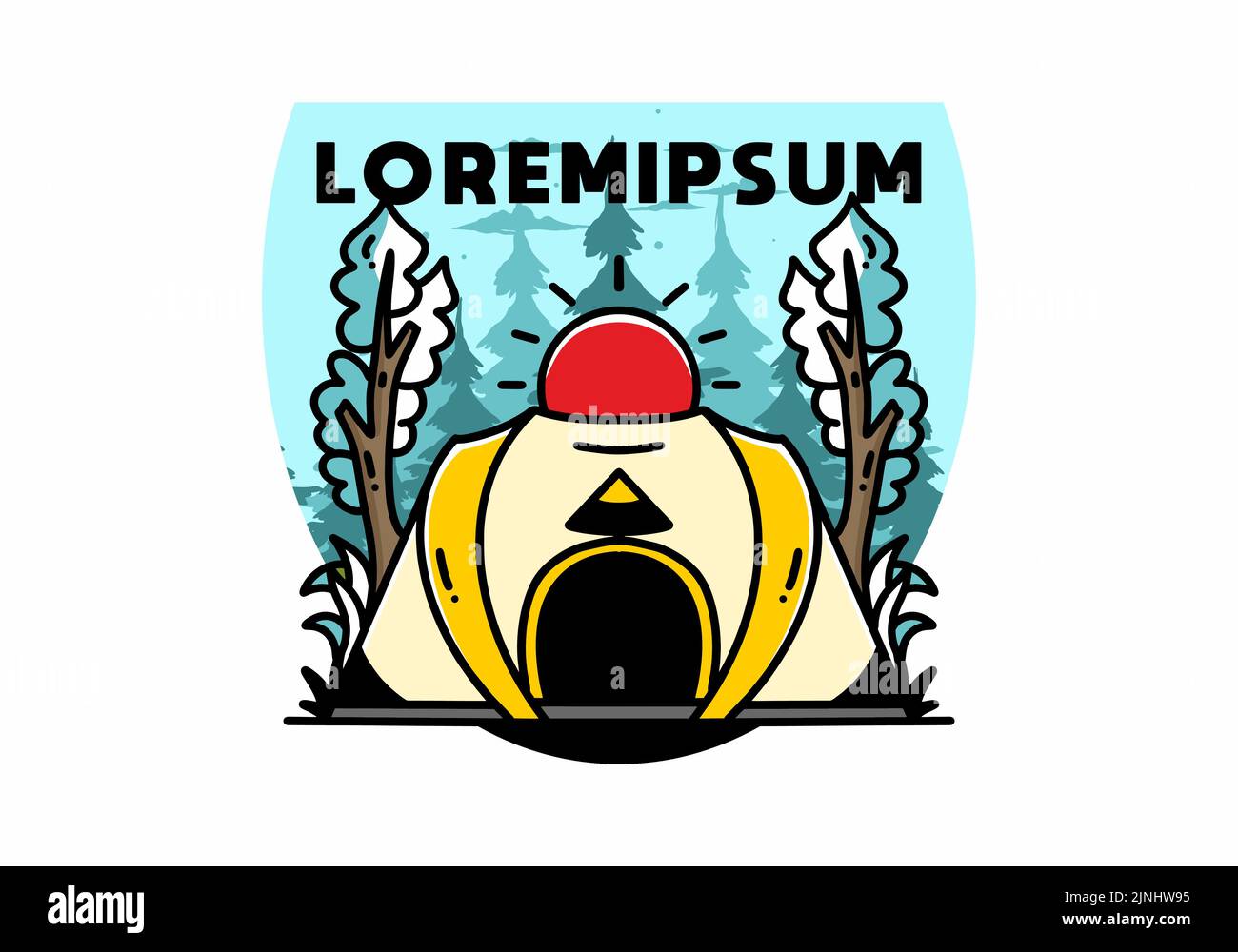 Big pop up tent for camping with two tree and big sun illustration