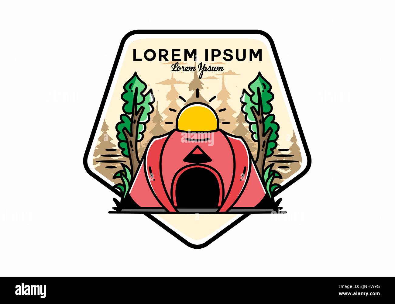 Big pop up tent for camping with two tree and big sun illustration