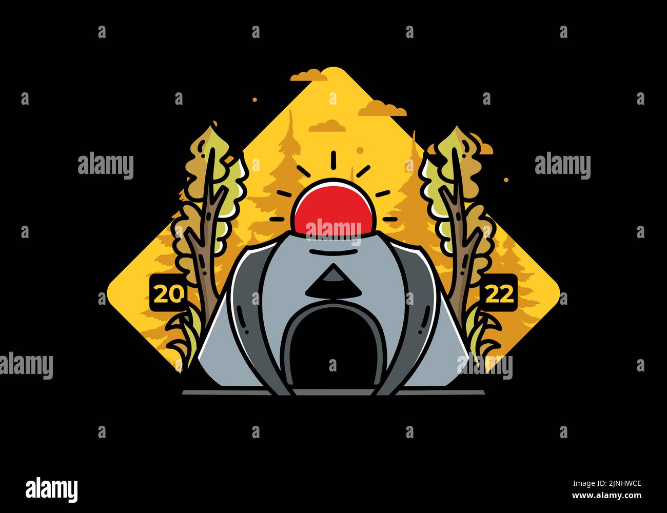 Big pop up tent for camping with two tree and big sun illustration