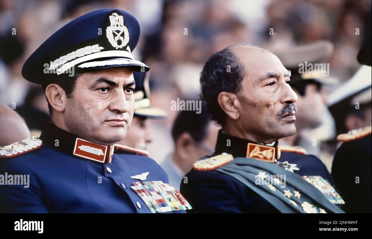 Egyptian President Mohamed Anwar El-Sadat and Mohamed Hosni Mubarak in military uniform celebrate the anniversary of the October War Stock Photo