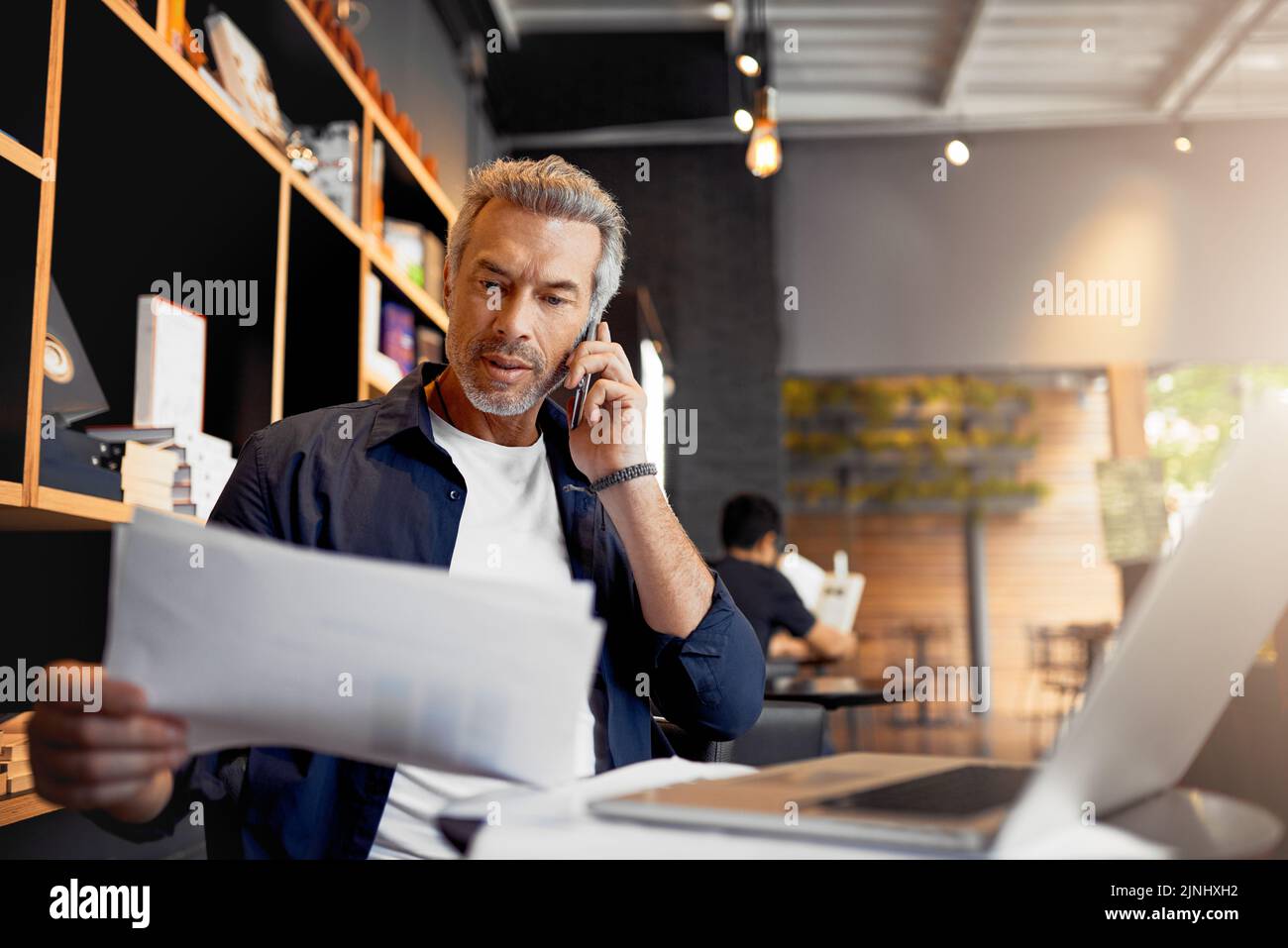 Ive got the report in my hand as we speak. a handsome mature businessman working in his local internet cafe. Stock Photo