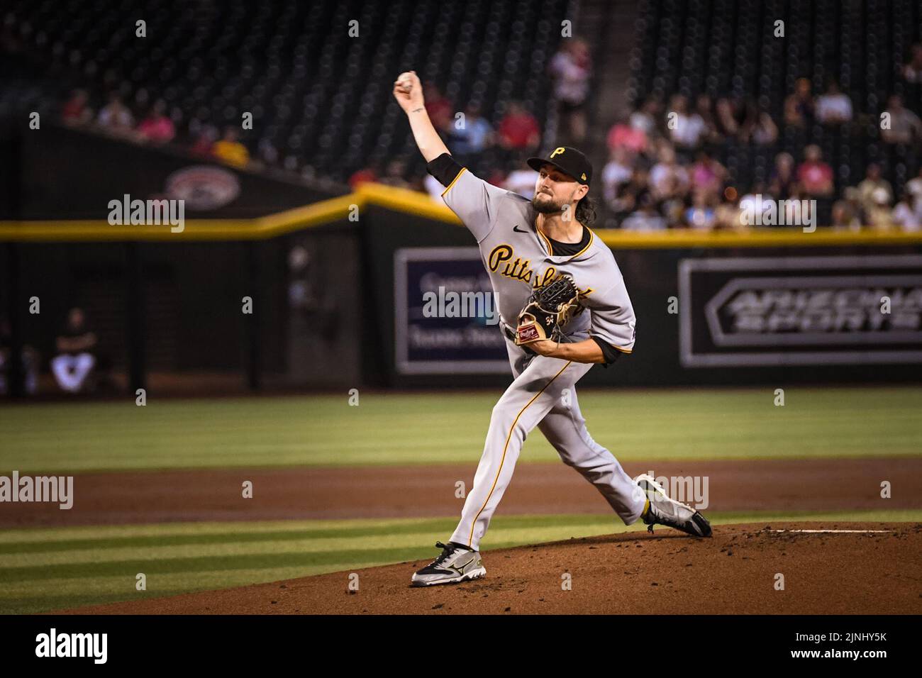 Phoenix, United States. 11th Aug, 2022. Pittsburgh Pirates pitcher JT Brubaker (34) throws against the Arizona Diamondbacks in the first inning during an MLB baseball game, Thursday, August 11, 2022, in Phoenix, Arizona. The Diamondbacks defeated the Pirates 9-3. (Thomas Fernandez/Image of Sport) Photo via Credit: Newscom/Alamy Live News Stock Photo