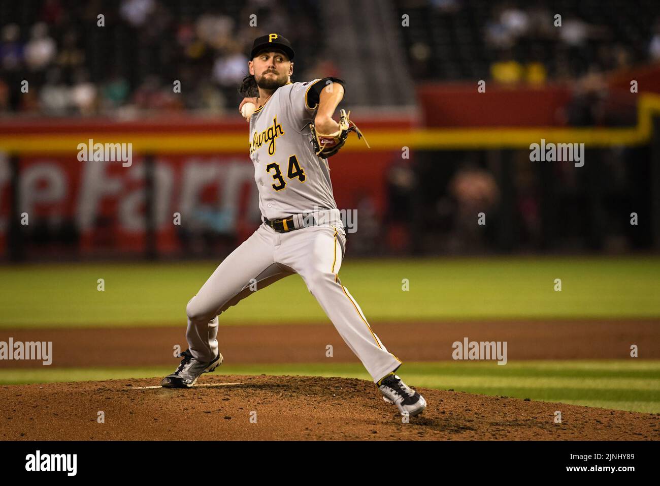 Phoenix, United States. 11th Aug, 2022. Pittsburgh Pirates pitcher JT Brubaker (34) throws against the Arizona Diamondbacks in the fourth inning during an MLB baseball game, Thursday, August 11, 2022, in Phoenix, Arizona. The Diamondbacks defeated the Pirates 9-3. (Thomas Fernandez/Image of Sport) Photo via Credit: Newscom/Alamy Live News Stock Photo