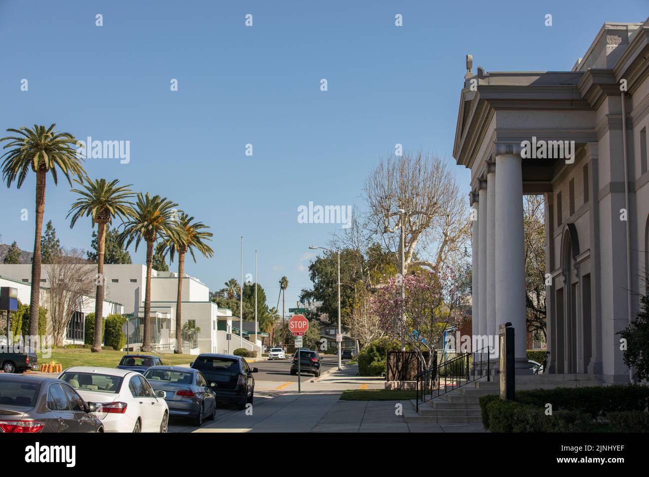 Afternoon view of a historic church in downtown Monrovia, California