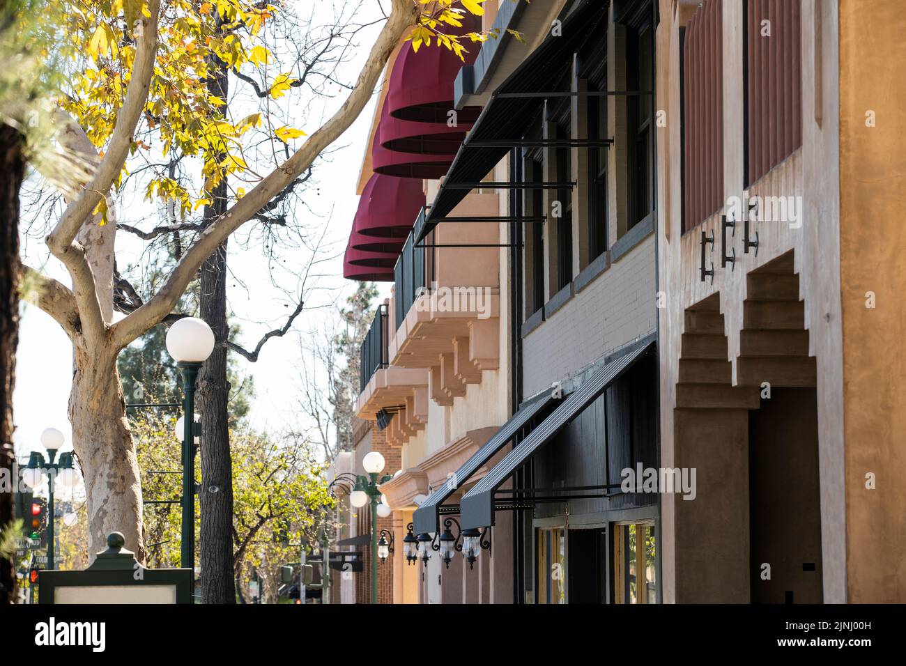 Afternoon view of the downtown urban core of Monrovia, California, USA