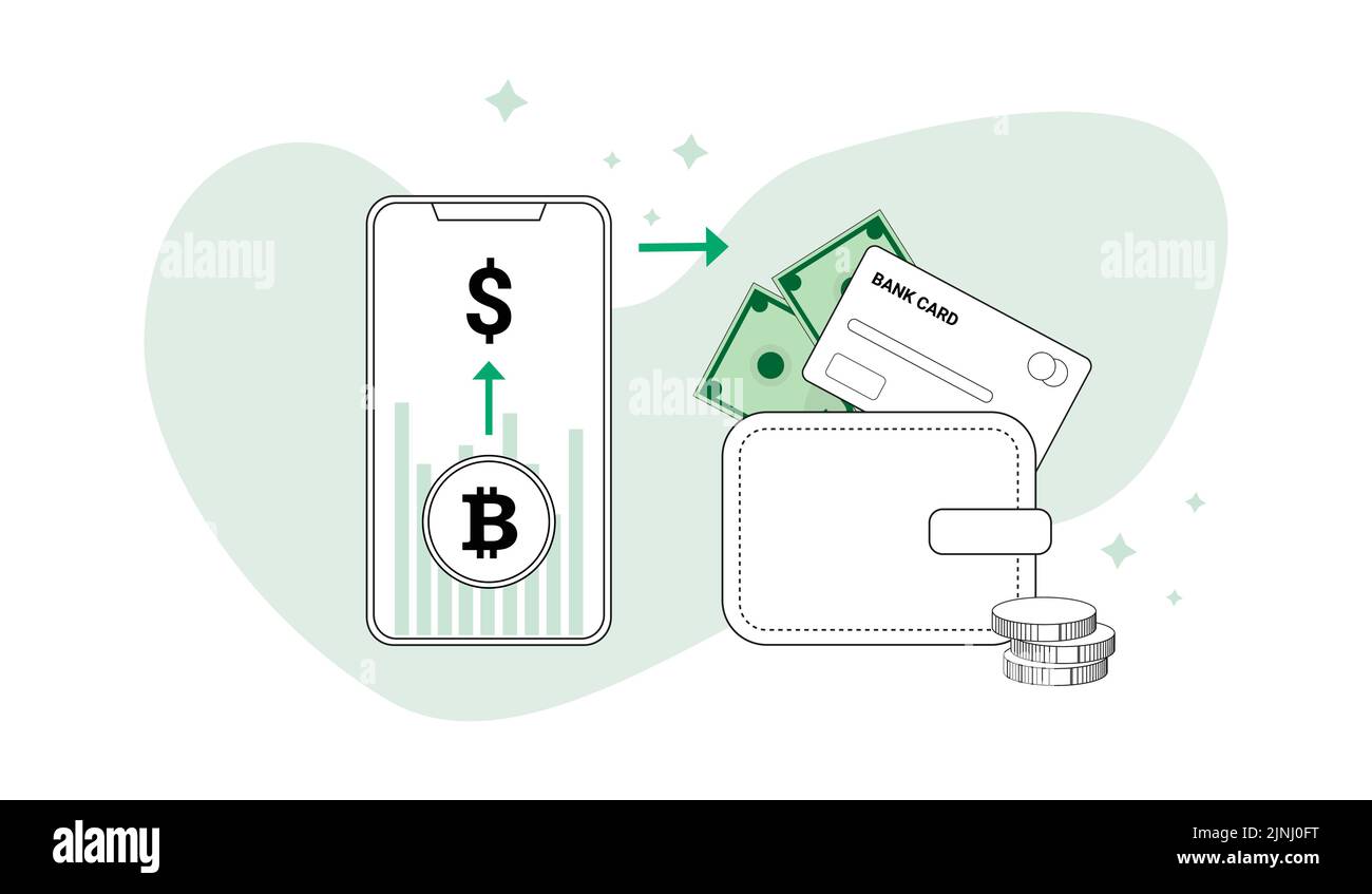 smartphone display shows a bitcoin coin and a dollar sign with arrows