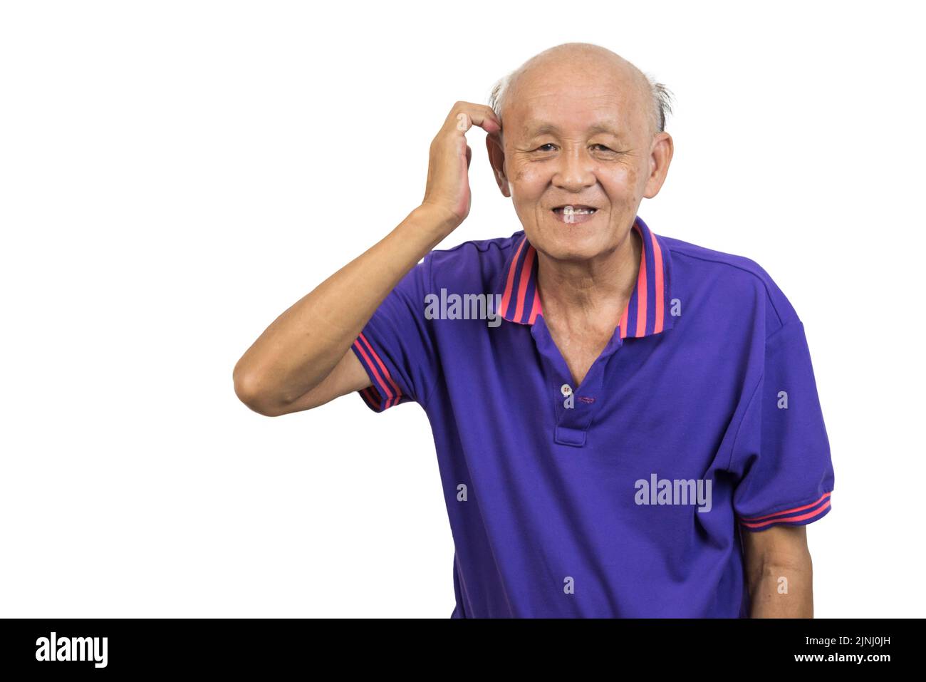 Asian elderly man standing with hands on his head white background. Stock Photo
