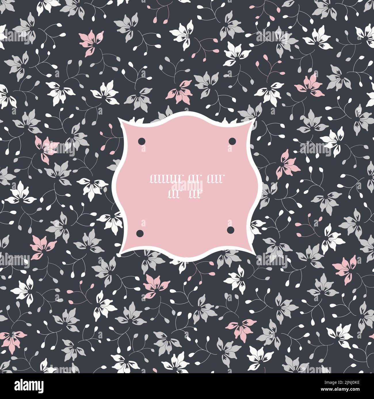 Vector grey pink tiny flowers network on dark frame seamless pattern background. Stock Vector