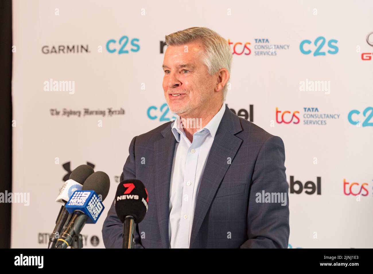 Sydney, Australia.12 August 2022: Transport For NSW Exec. Director, Customer Journey Planning, Craig Moran, at a press conference prior to the 50th City2Surf race in Sydney on Sunday. This will be the first race since 2019 after cancellations in 2020 and 2021 due to Covid-19. 60,000+ people are expected cover the fourteen-kilometre race, the largest of its kind in the world. Mr Moran said that extra public transport services will be provided before and after the event to move people as soon as possible. His advice to participants was to please be patient Credit: Stephen Dwyer / Alamy Live News Stock Photo