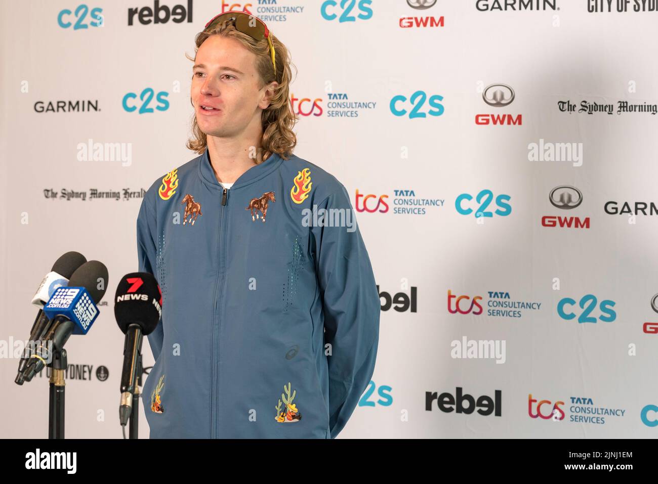 Sydney, Australia.12 August 2022: Elite distance runner and one of the race favourites, Ed Goddard, at a press conference prior to the 50th City2Surf race in Sydney on Sunday. This will be the first race since 2019 after cancellations in 2020 and 21 due to Covid-19. 60,000+ people are expected cover the fourteen-kilometre race, the largest of its kind in the world. Mr Goddard urged participants to compete but also enjoy the 14km race and to take in the view as the route follows the harbour into the Eastern Suburbs. Credit: Stephen Dwyer / Alamy Live News Stock Photo
