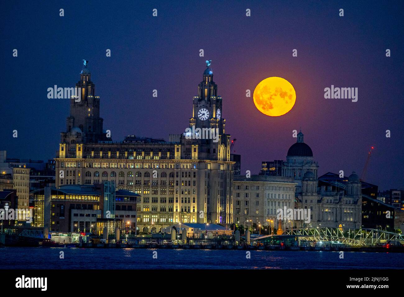 The Sturgeon supermoon, the final supermoon of the year, rises over the Royal Liver Building in Liverpool. Picture date: Thursday August 11, 2022. Stock Photo